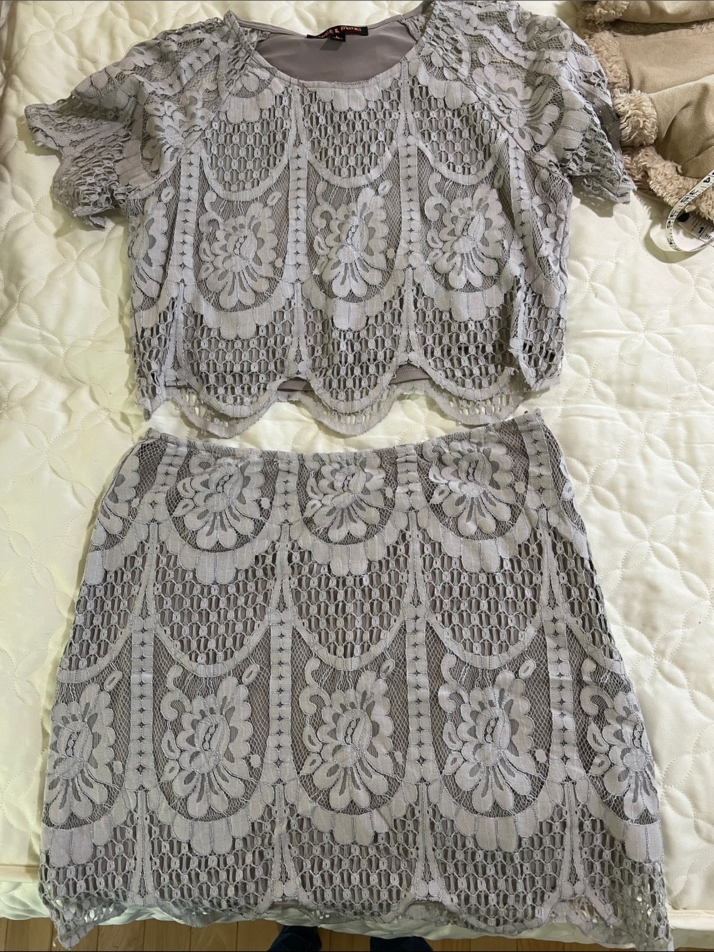Dance & Marvel Crochet Lace 2 piece mini skirt and crop top fully lined lace